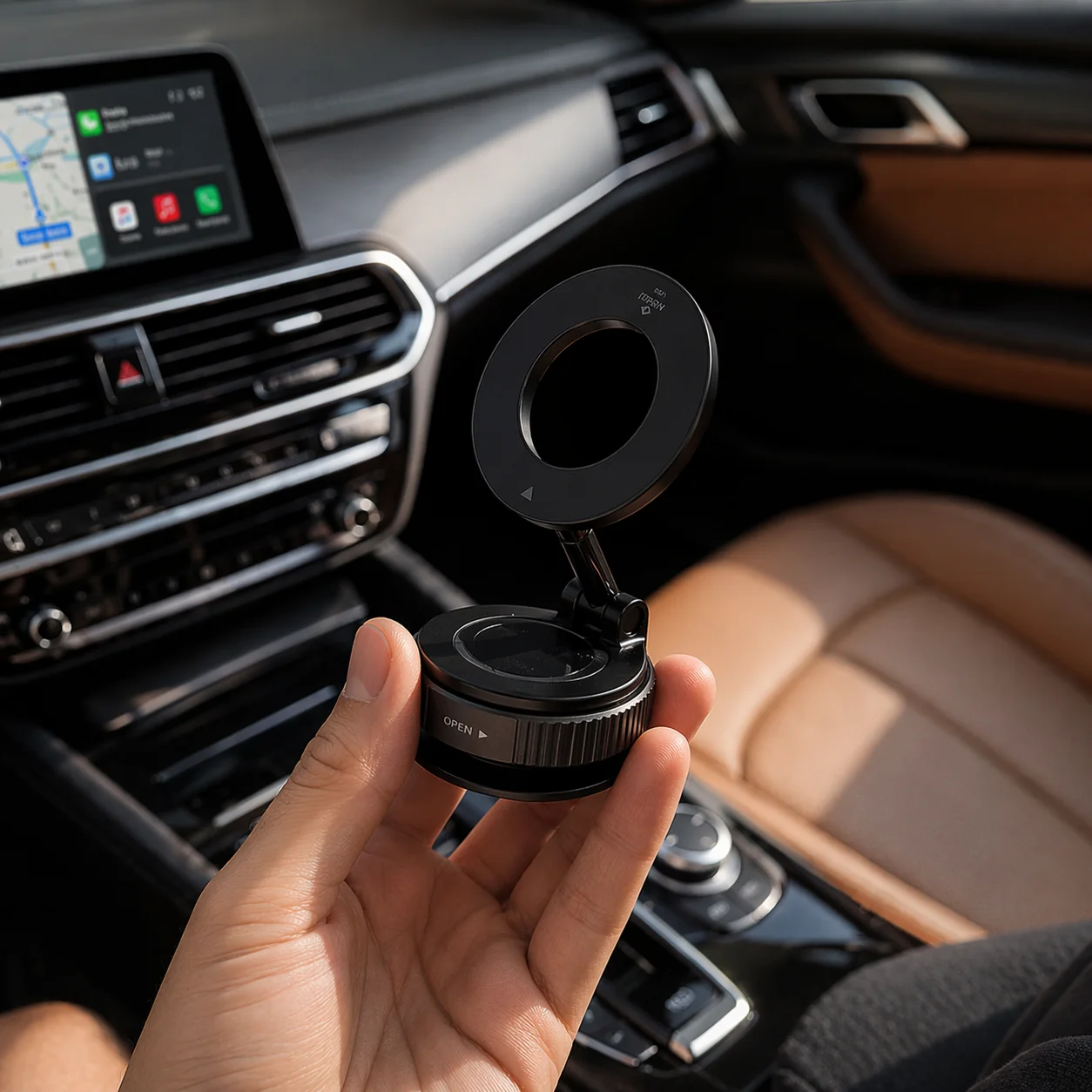 FlexMag mount shown in hand inside a premium interior